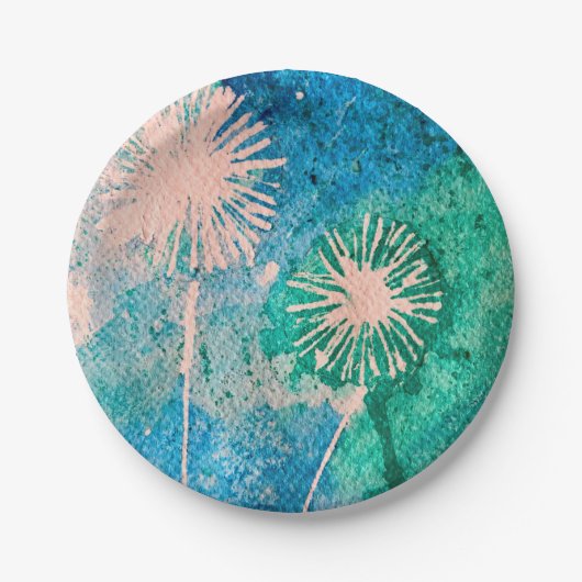 タンポポ抽象芸術の絵を描水色 ペーパープレート (正面)