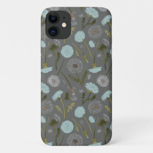 タンポポ灰色ブルーフローラルパターン iPhone 11 ケース