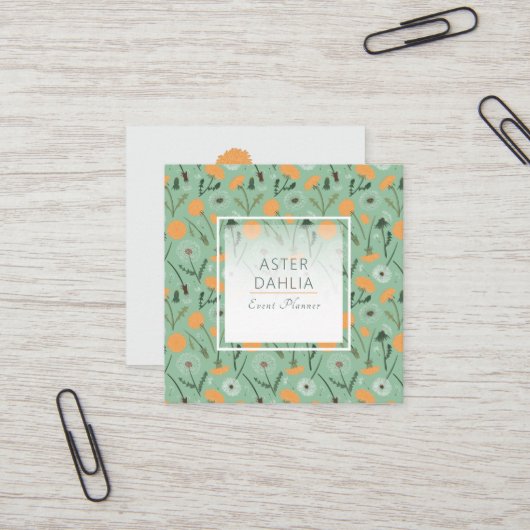 タンポポ花オレンジフローラルパターン スクエア名刺 (正面/裏面インサイチュ)