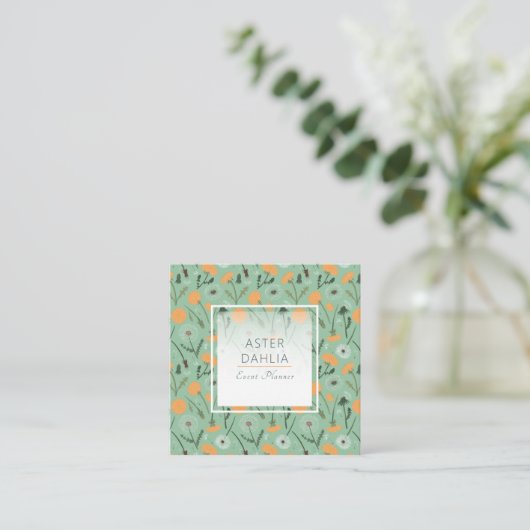 タンポポ花オレンジフローラルパターン スクエア名刺 (スタンド正面)