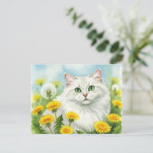 タンポポ葉書入り白猫 ポストカード (スタンド正面)