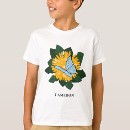 タンポポ蝶々 黄色と緑のカスタムネーム Tシャツ