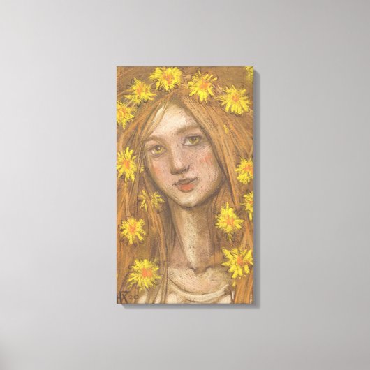 タンポポ開花ブロンド女の子の花絵画アート キャンバスプリント (正面)
