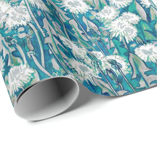 タンポポ開花夏の花フローラルパターンティール（緑がかった色） ラッピングペーパー (ロールコーナー)