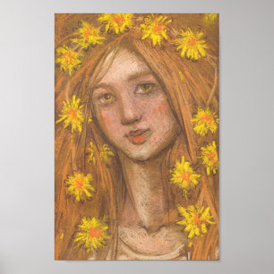 タンポポ開花、ブロンドの女の子と花絵画の花 ポスター