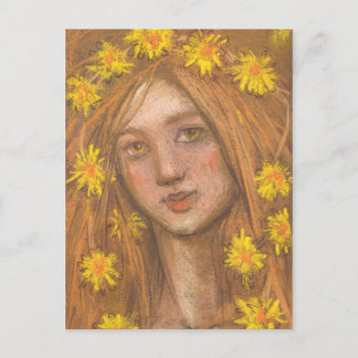 タンポポ開花、ブロンドの女の子と花絵画の花 ポストカード