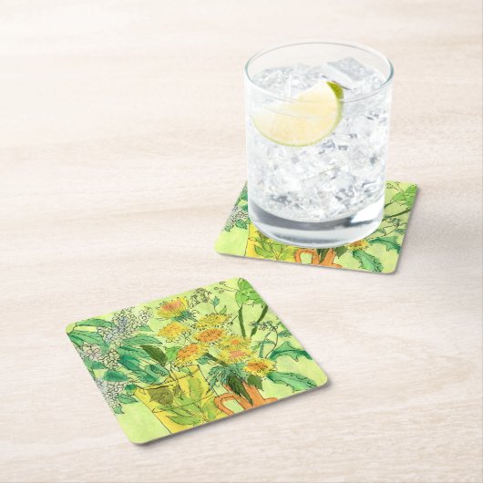 タンポポ鳥さくらんぼ夏の花フローラアート スクエアペーパーコースター (インサイチュ)