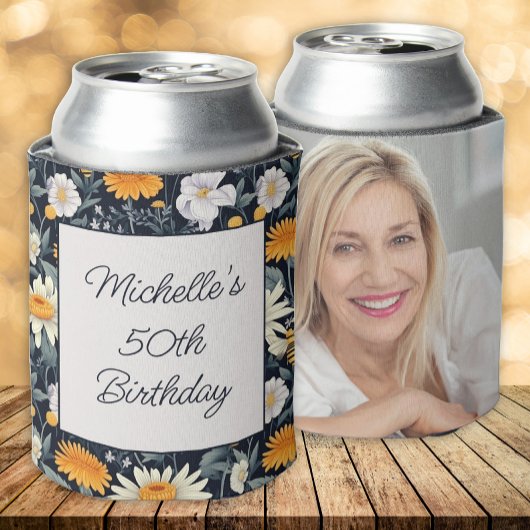 タンポポ+デイジー+ネイビーブルーの誕生日+名前+写真 缶クーラー