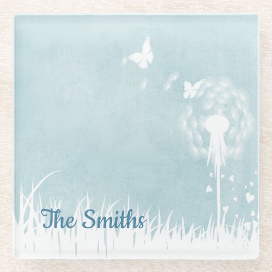 タンポポ，蝶と青い空 ガラスコースター (正面)