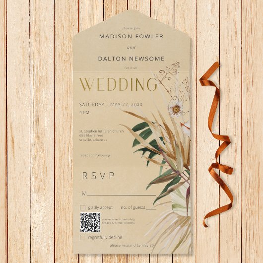 タンモダンボホ乾燥フローラブーケQRコード オールインワン招待状