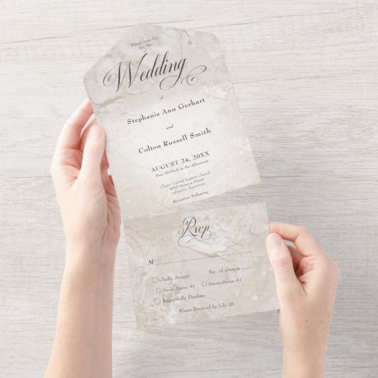 タンモダンマーブルモノグラミニマルムディナー オールインワン招待状 (貼ってはがせる)