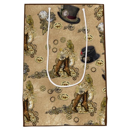 タンレザーのテクスチャーにスティームパンクの彫刻 ミディアムペーパーバッグ (裏面)