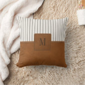 タンレザーホワイトストライプのリネンモノグラムファームハウス クッション (ブランケット)
