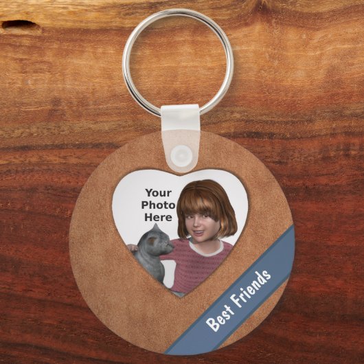 タンレザールックハートフレーム:写真と文字の追加 キーホルダー (正面)