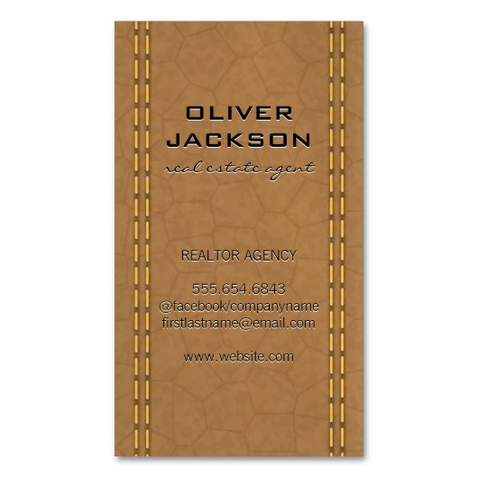 タンレザー縫い付けたように見える マグネット名刺 (正面縦)