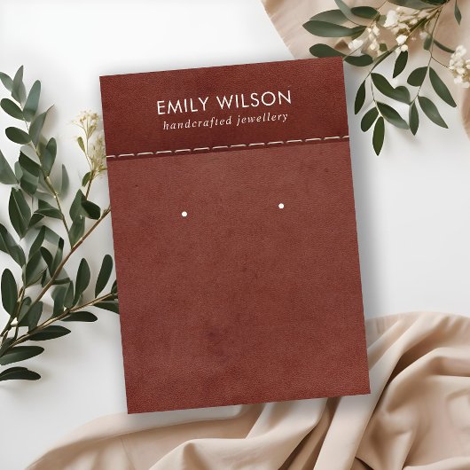 タンレッドレザーのテクスチャスタッドイヤリングディスプレイカード 名刺
