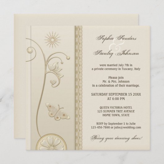 タンレースフローラの後またはポスト結婚式招待状 招待状 (正面/裏面)