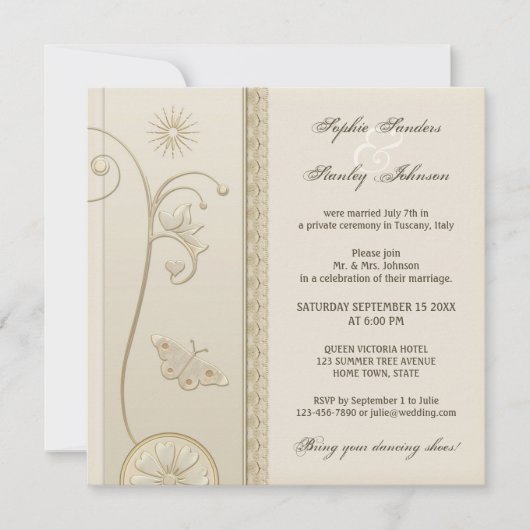 タンレースフローラの後またはポスト結婚式招待状 招待状 (正面)