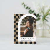 タン市松模様にアーチ写真卒業発表 ポストカード (スタンド正面)