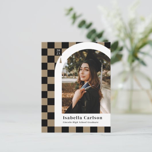 タン市松模様にアーチ写真卒業発表 ポストカード (スタンド正面)