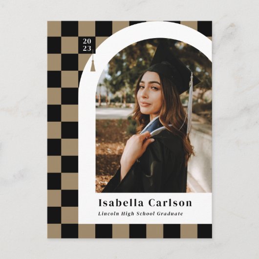 タン市松模様にアーチ写真卒業発表 ポストカード (正面)