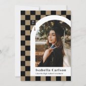 タン市松模様にアーチ写真卒業発表 案内状 (正面)