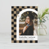 タン市松模様にアーチ写真卒業発表 案内状 (スタンド正面)
