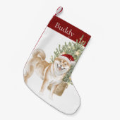 タン柴犬ドッグクリスマスツリーウォーターカラーペット スモールクリスマスストッキング (正面 (吊り時))