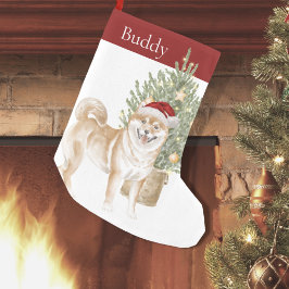 タン柴犬ドッグクリスマスツリーウォーターカラーペット スモールクリスマスストッキング