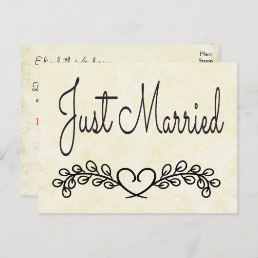 タン素朴たった今結婚しましたブラックハートローレル結婚ズ 案内ポストカード (正面/裏面)