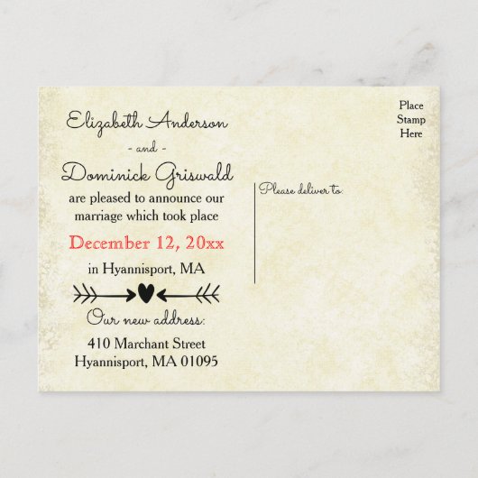 タン素朴たった今結婚しましたブラックハートローレル結婚ズ 案内ポストカード (裏面)