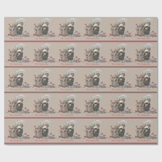 タン素朴クリスマスヴィンテージオールドワールドサンタ ラッピングペーパー (フラット)