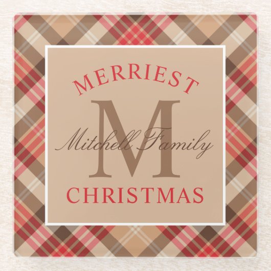 タン素朴レッドタータンチェックプレイドクリスマスモノグラム ガラスコースター (正面)
