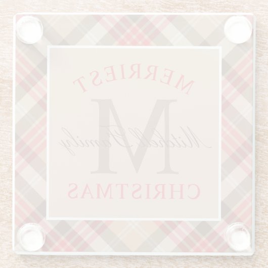 タン素朴レッドタータンチェックプレイドクリスマスモノグラム ガラスコースター (裏面)