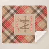 タン素朴レッドタータンチェックプレイドクリスマスモノグラム シェルパブランケット (正面(横))