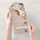 タン素朴&クリーム秋フローラ葉とQRコード オールインワン招待状 (貼ってはがせる)