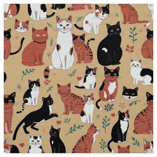 タン背景の遊び心のある猫 ファブリック (見本)