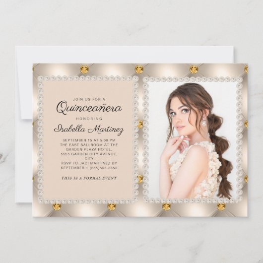 タン金ゴールドサテンピアスジュエルフォトキンセアニラ 招待状 (正面)