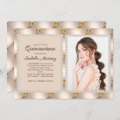 タン金ゴールドサテンピアスジュエルフォトキンセアニラ 招待状 (正面/裏面)