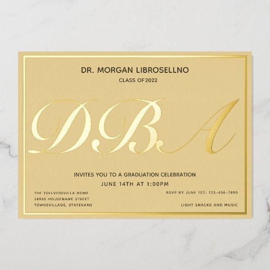 タン金ゴールド卒業者DBA卒業式 箔招待状 (正面)