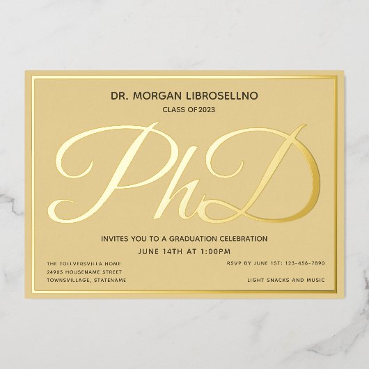 タン金ゴールド博士課程の卒業 箔招待状 (正面)
