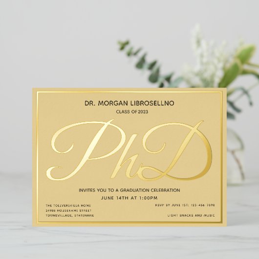 タン金ゴールド博士課程の卒業 箔招待状 (立ち正面)