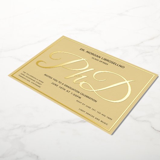 タン金ゴールド博士課程の卒業 箔招待状 (回転した状態)
