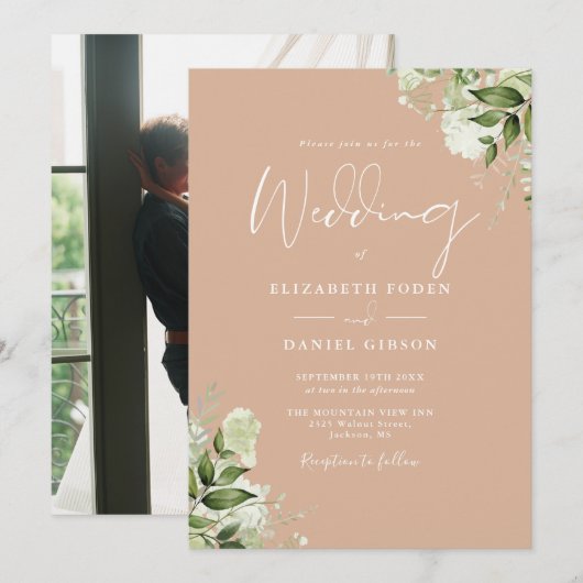 タン・エレガント・グリーン・フラワーフォト・ウェディング 招待状 (正面/裏面)