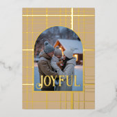 タン&ゴールドのギンガムチェックのクリスマスホリデーフォト 箔シーズンカード (正面)