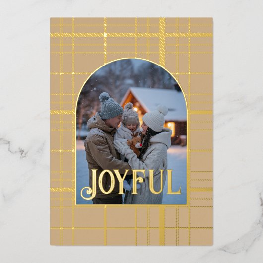 タン&ゴールドのギンガムチェックのクリスマスホリデーフォト 箔シーズンカード (正面)