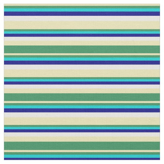 タン、シーグリーン、濃いターコイズ、青と白 ファブリック (クローズアップ)