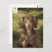 タン・ダックスフンドの茶色の犬愛好家の油彩画 国 ポストカード (正面/裏面)