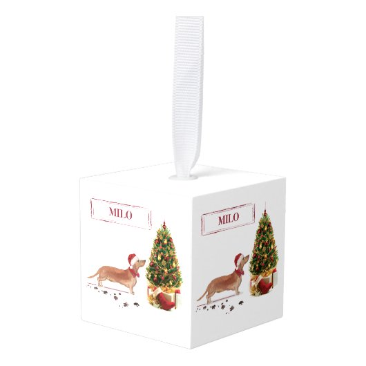 タン・ダッシュントおもしろい・クリスマス・ドッグと木 キューブオーナメント (正面アングル)