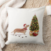 タン・ダッシュントおもしろい・クリスマス・ドッグと木 クッション (ブランケット)